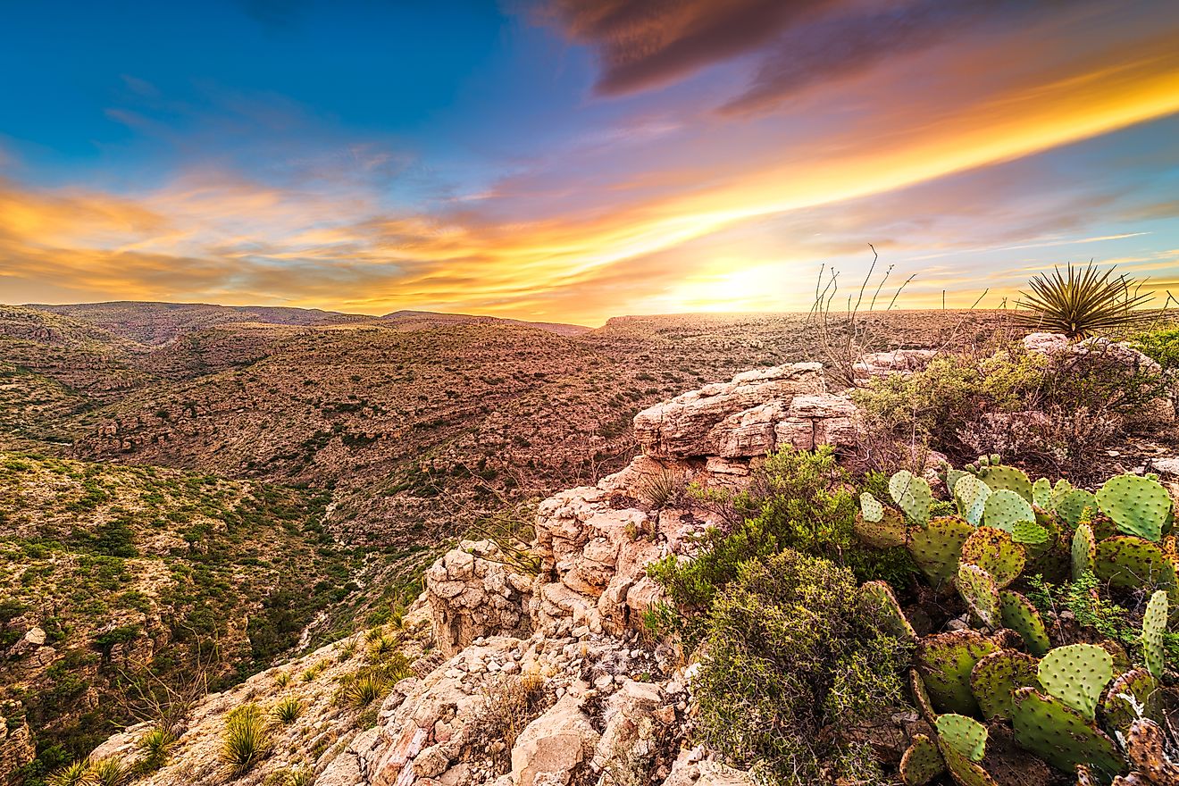 A view of Carlsbad Cavern National Park in New Mexico, overlooking Rattlesnake Canyon just after sunset.