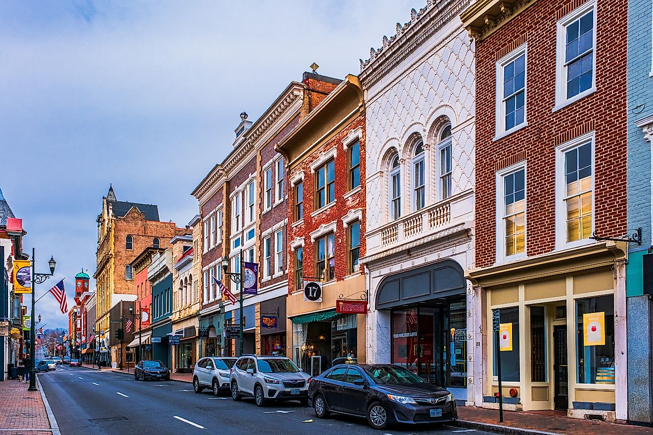 Downtown Staunton, Virginia, featuring period architecture on commercial buildings along historic Beverley Street. Editorial credit: Claire Salvail Photos / Shutterstock.com