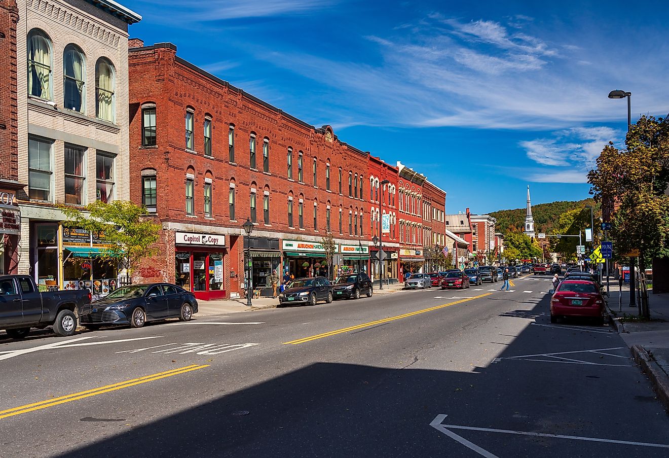 Buildings and businesses lined along Main Street in Montpelier, Vermont. Editorial credit: Steve Heap / Shutterstock.com