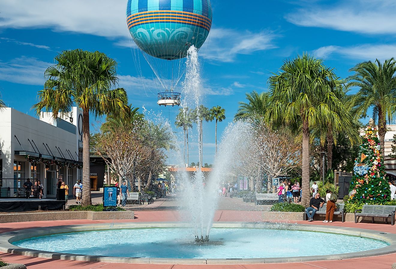 The Aerophile Aero30 balloon basket over Disney Springs, Orlando, Florida. Image credit Dolores M. Harvey via Shutterstock