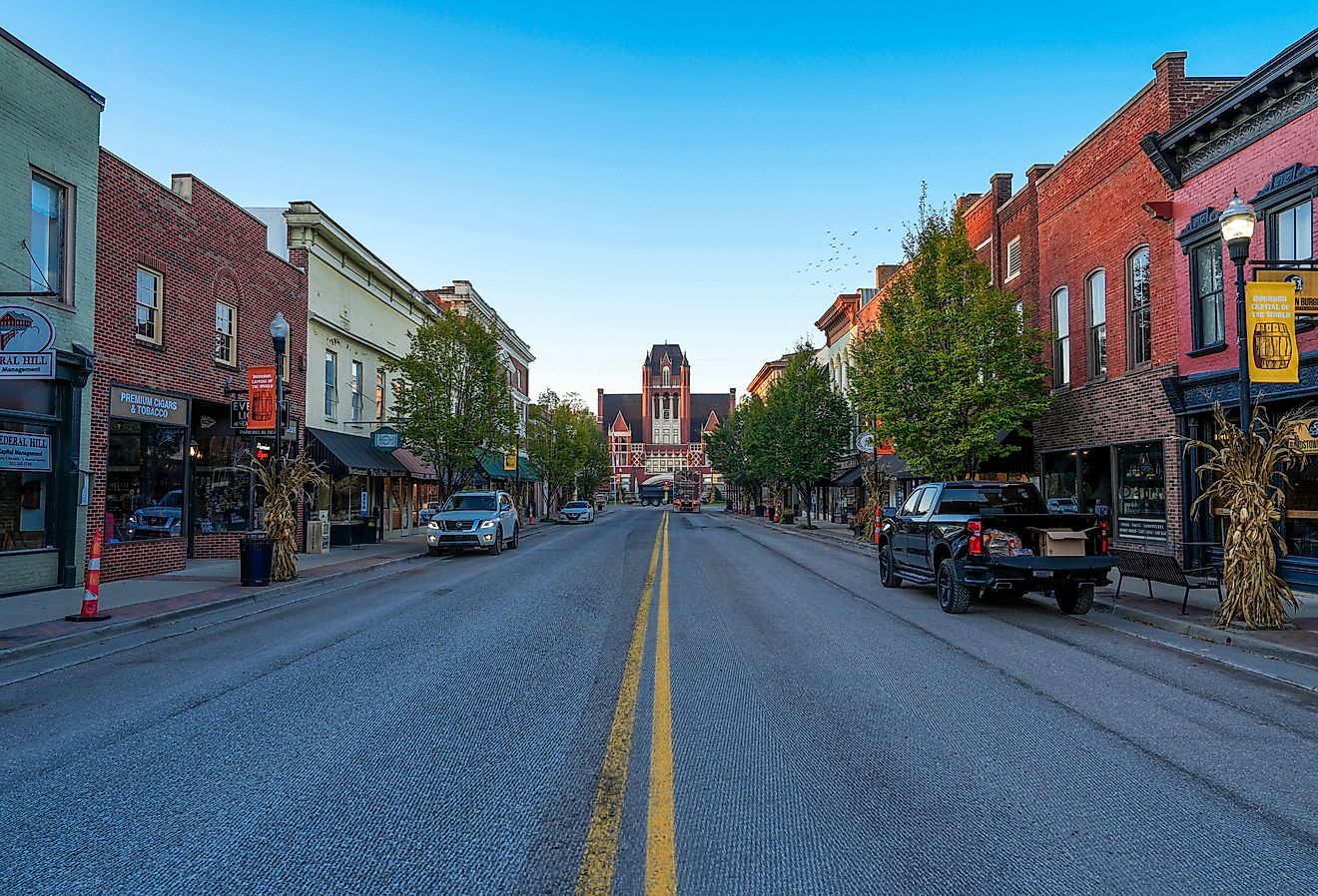 Brick buildings along the main street in Bardstown Kentucky. Image credit Jason Busa via Shutterstock.