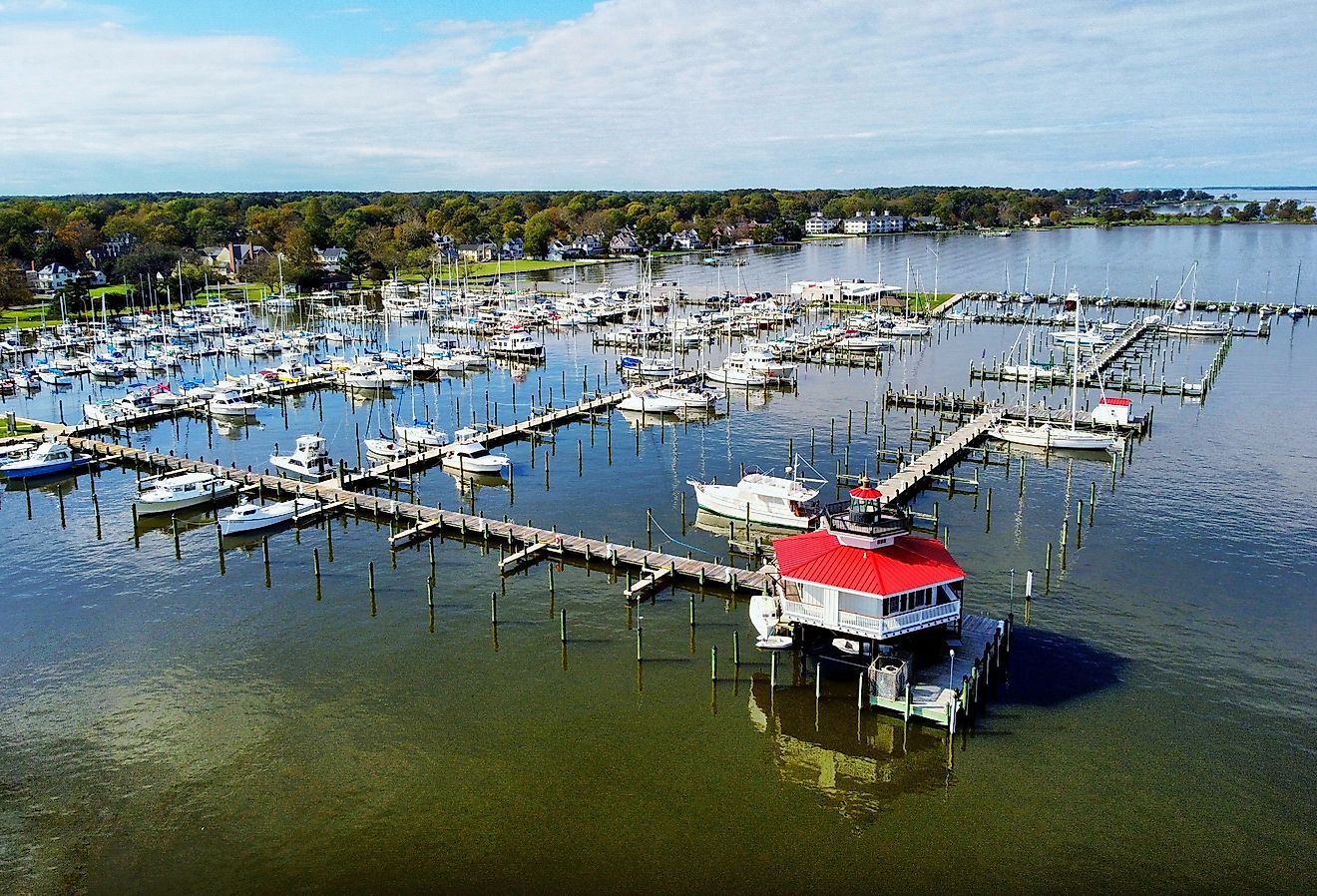 The lighthouse and marina at Cambridge, Maryland.