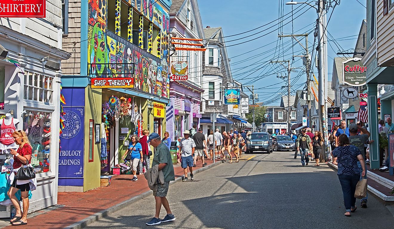 Commercial Street in Provincetown is home to a very eclectic range of stores, cafes and restaurants. Editorial credit: Mystic Stock Photography / Shutterstock.com