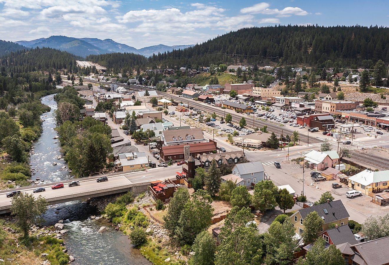 Afternoon sun shines on the historic downtown and the river in Truckee, California.