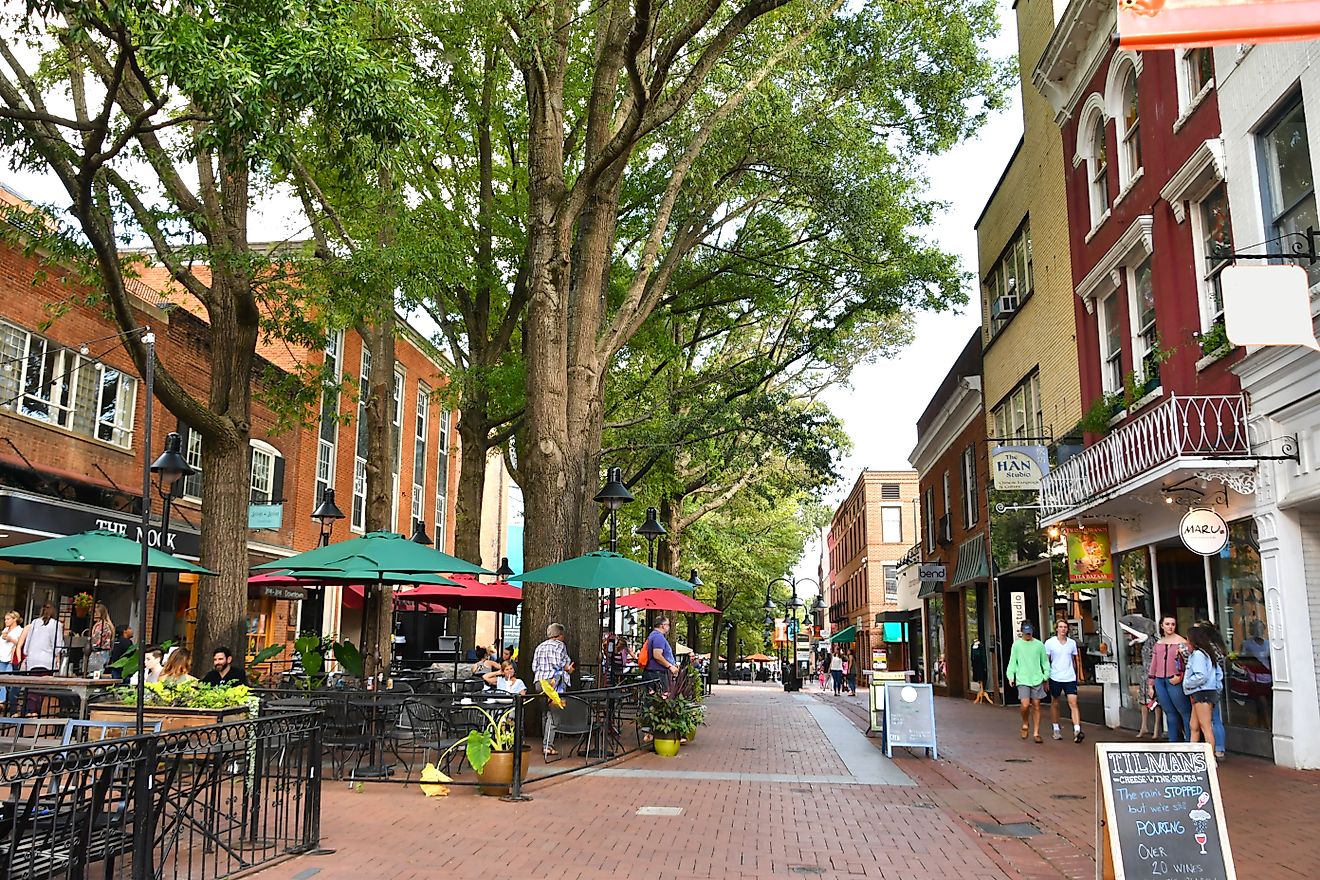 The charming downtown area of Charlottesville, Virginia. Editorial credit: MargJohnsonVA / Shutterstock.com.