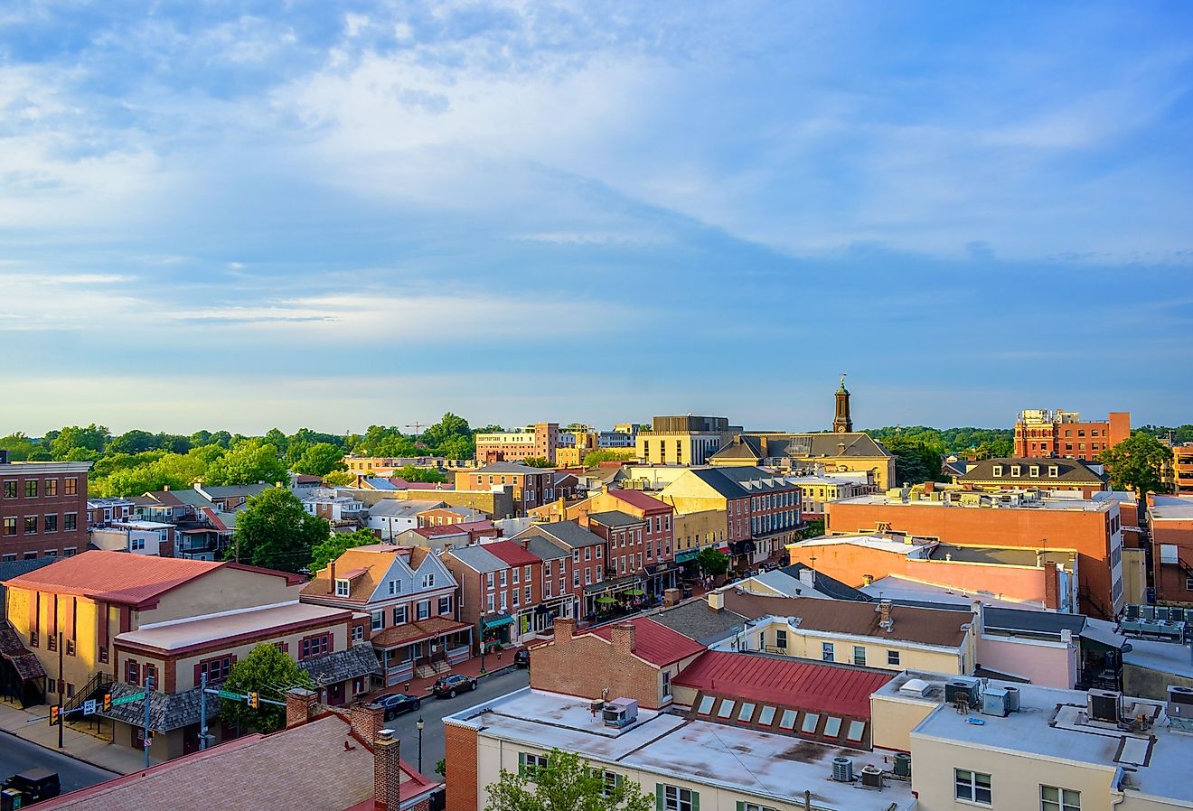 Aerial view of West Chester, Pennsylvania's downtown area.