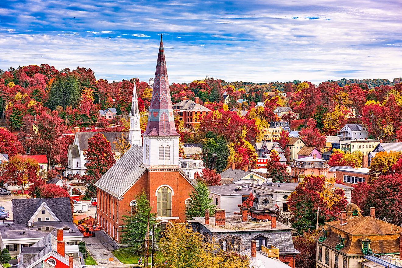 Montpelier, Vermont, USA town skyline in autumn.