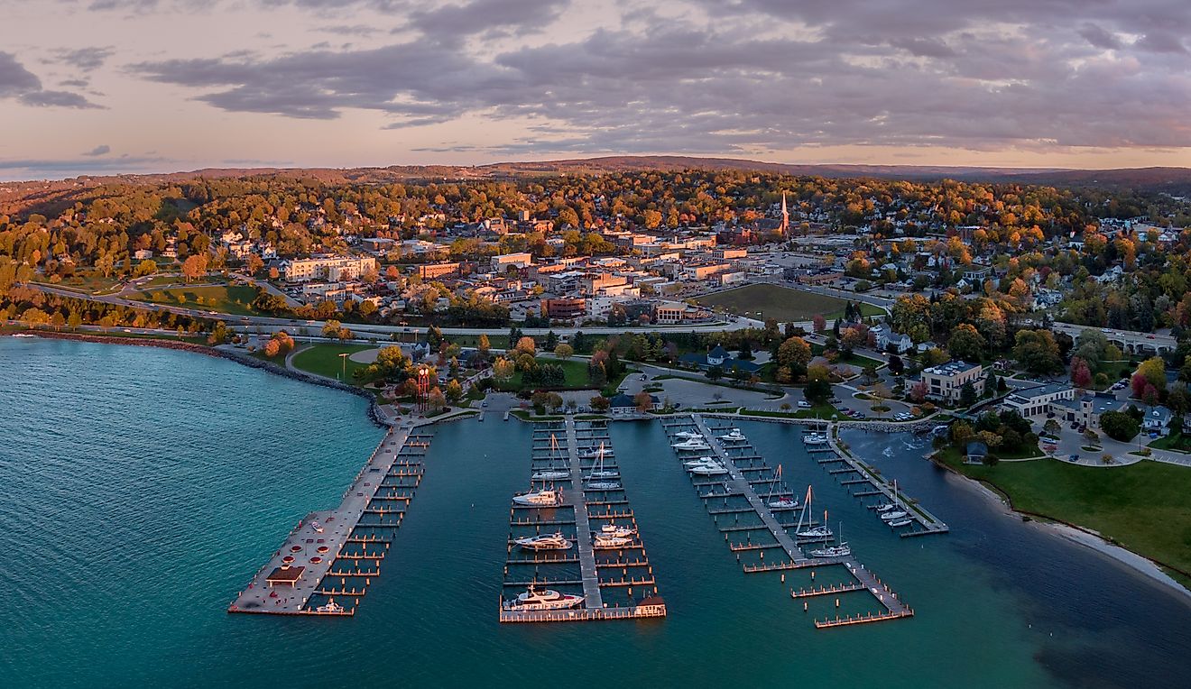 Aerial view of Petoskey at sunset