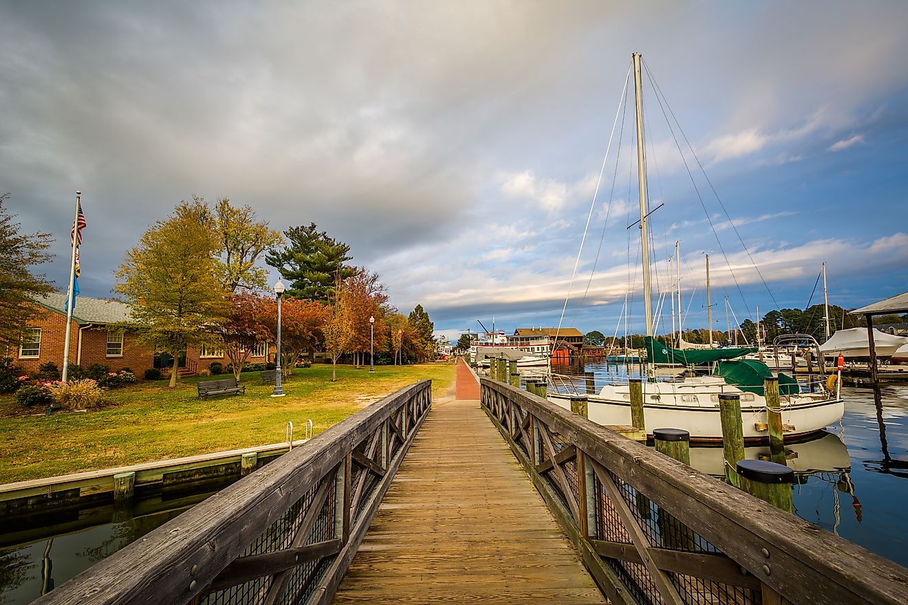 Bridge and boats docked in the harbor, in St. Michaels, Maryland.