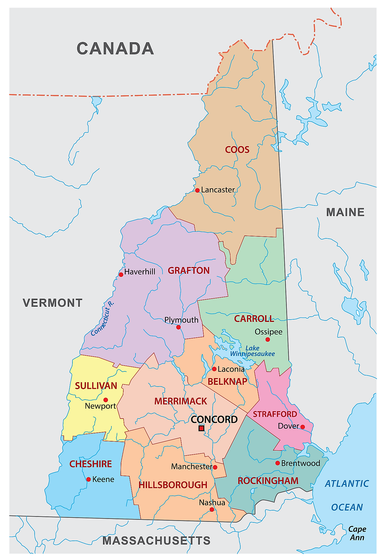 Mapa administrativo de New Hampshire que muestra sus 10 condados y la ciudad capital - Concord