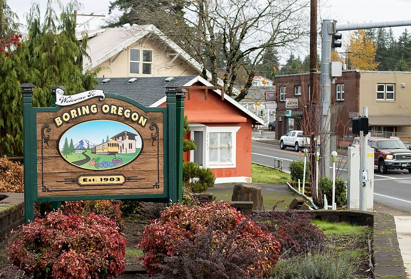 The welcome sign of Boring, Oregon. Image credit Tada Images via Shutterstock