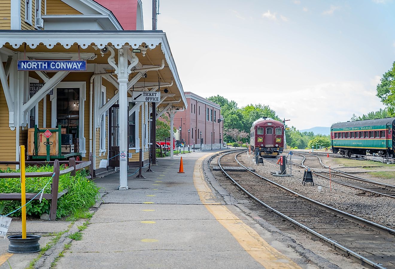  A scenic railcar sits just beyond an empty platform at a historic rail depot in North Conway. Image credit Keith J Finks via Shutterstock.