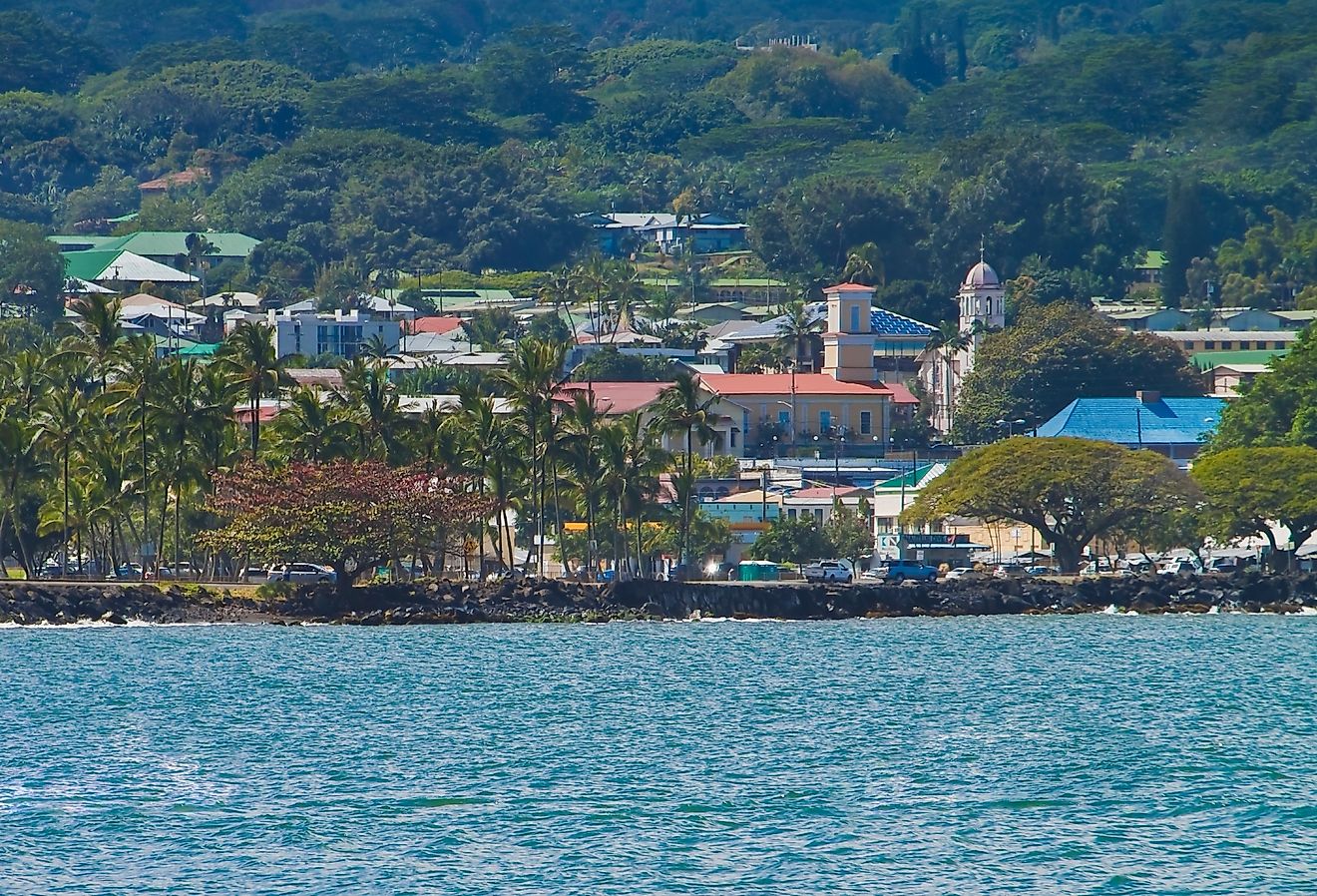 Hilo Bay with downtown Hilo in the distance, Hilo, Hawaii Island, Hawaii.
