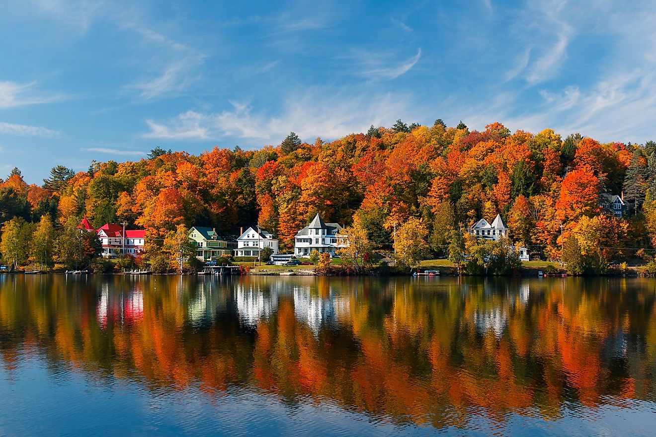 View of Saranac Lake, New York, USA, nestled in the Adirondack Mountains.