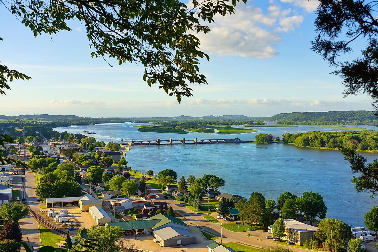 The town of Bellevue and the Mississippi River on a Summer afternoon in Iowa