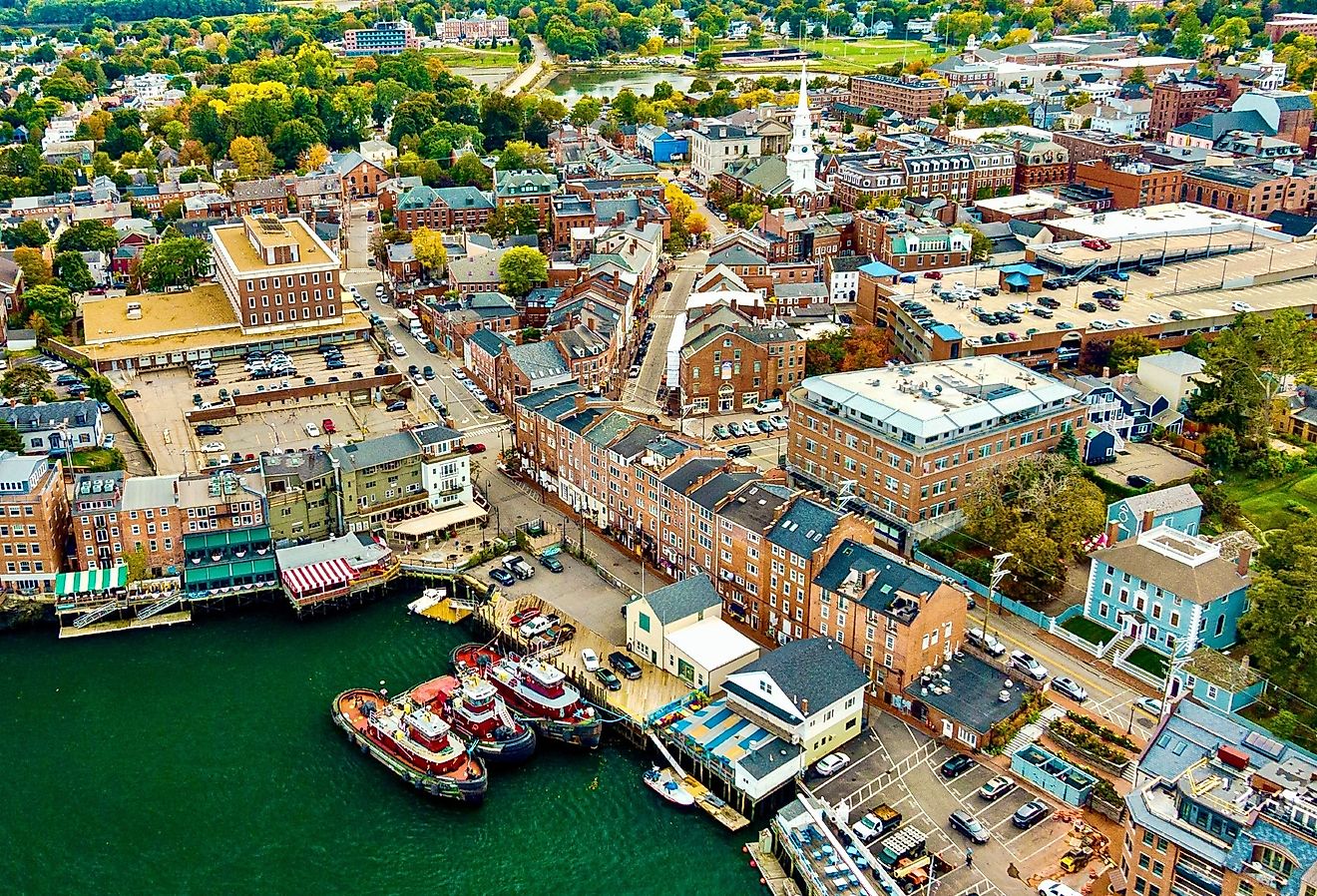 An aerial view of historic buildings around downtown Portsmouth, New Hampshire in the fall.