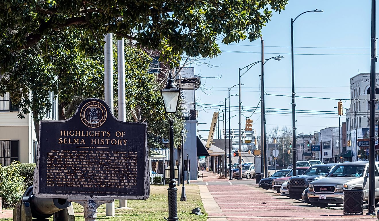 Historical marker near City Hall that gives a brief overview of the history of Selma. Image credit JNix via Shutterstock