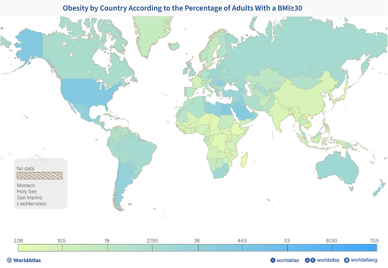 color coded heat map showing obesity by country worldwide according to the percentage of adults with a BMI greater than or equal to 30