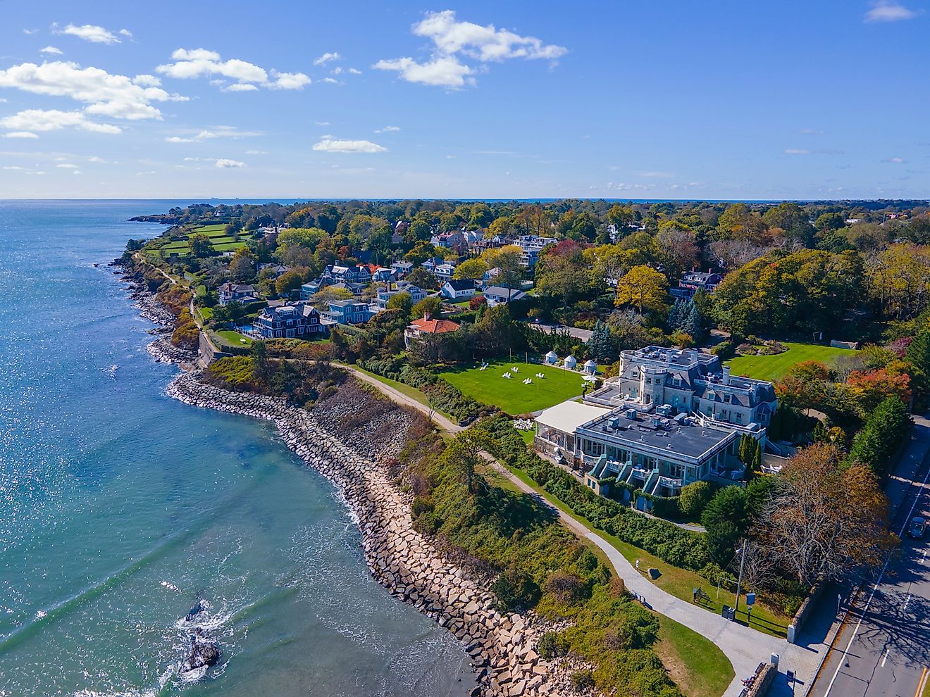 Rustic mansions along the coast of Newport in Rhode Island.