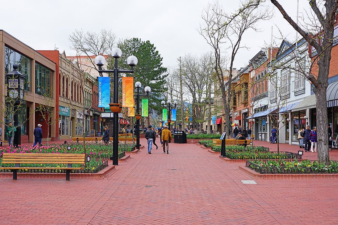 View of the Pearl Street Mall, a landmark pedestrian area in downtown Boulder, Colorado. Editorial credit: EQRoy / Shutterstock.com