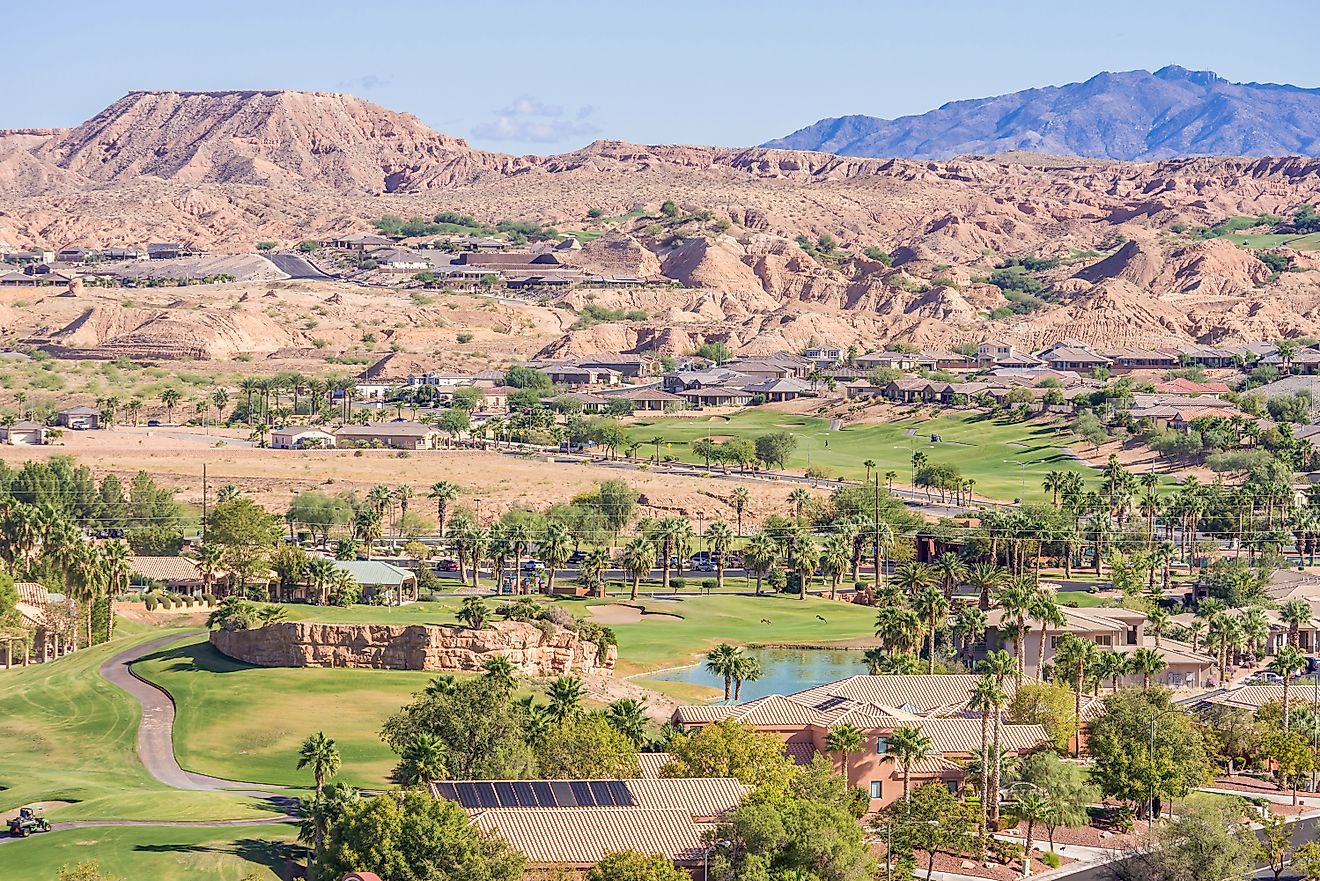 Picturesque Mesquite, Nevada, nestled in a valley amongst mesas and mountains.