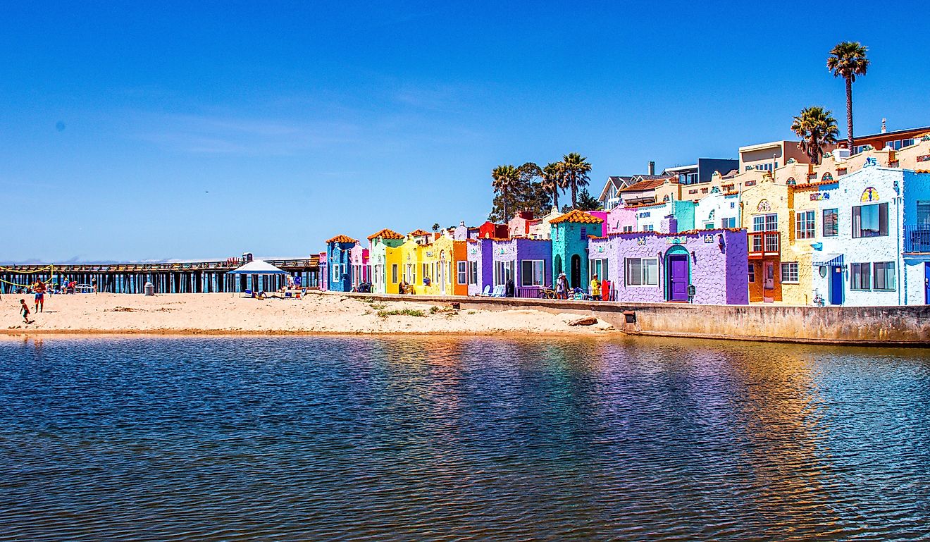 Bright colored building on a California beach.