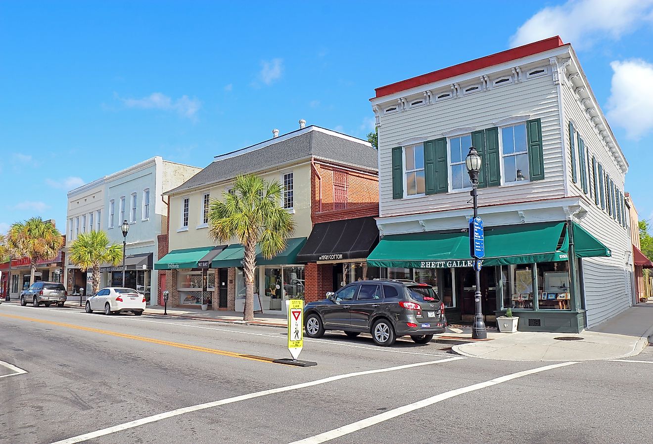 Businesses on Bay Street near the waterfront in the historic district of downtown Beaufort, South Carolina. Image credit Stephen B. Goodwin via Shutterstock