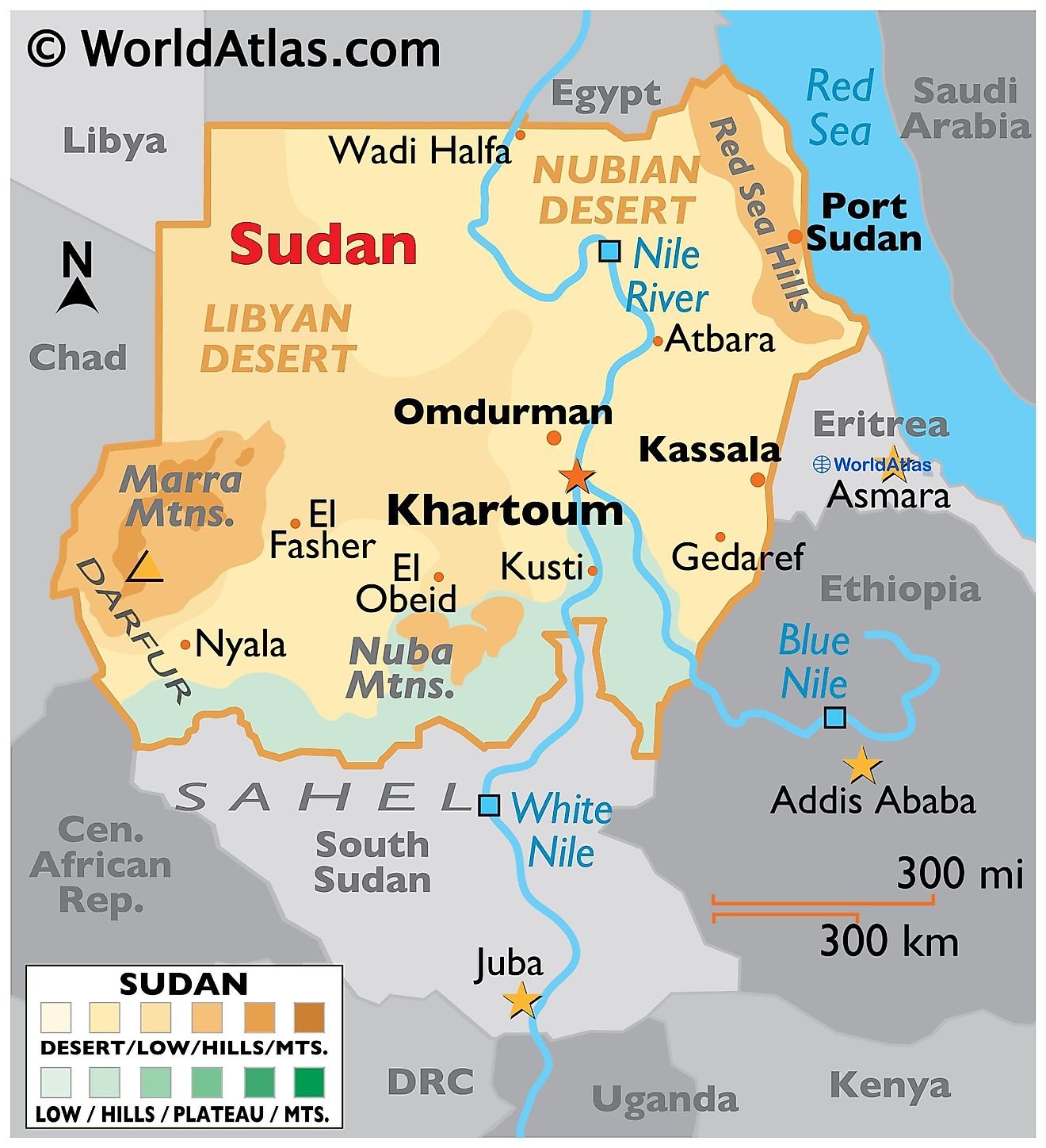 Phyiscal Map of the Sudan with state boundaries. It shows the physical features of Sudan including terrain, mountain ranges, plateaus, deserts, river systems, and major cities.