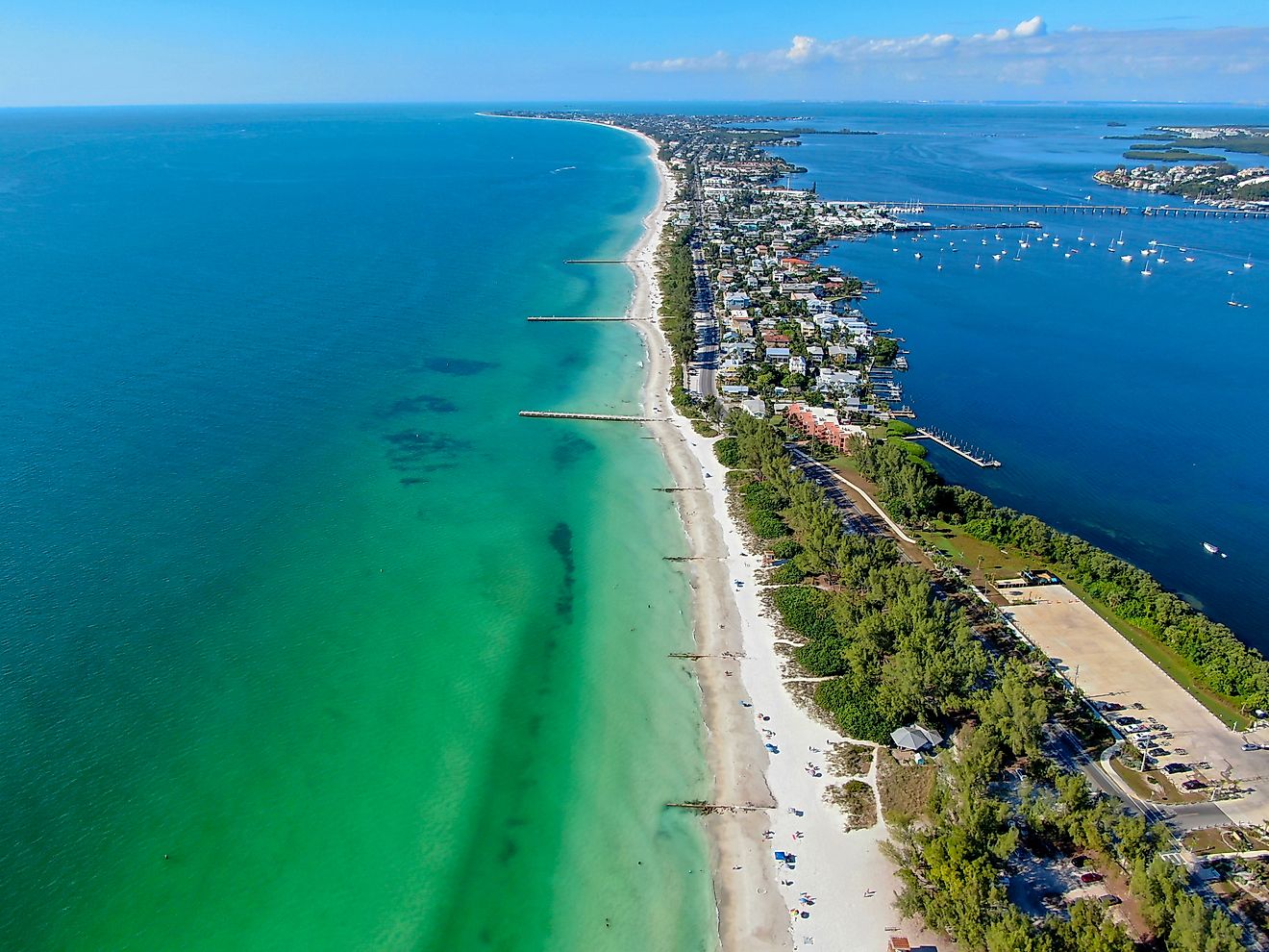 Aerial view of Coquina Beach with white sand beach and the main road, Anna Maria Island, Florida