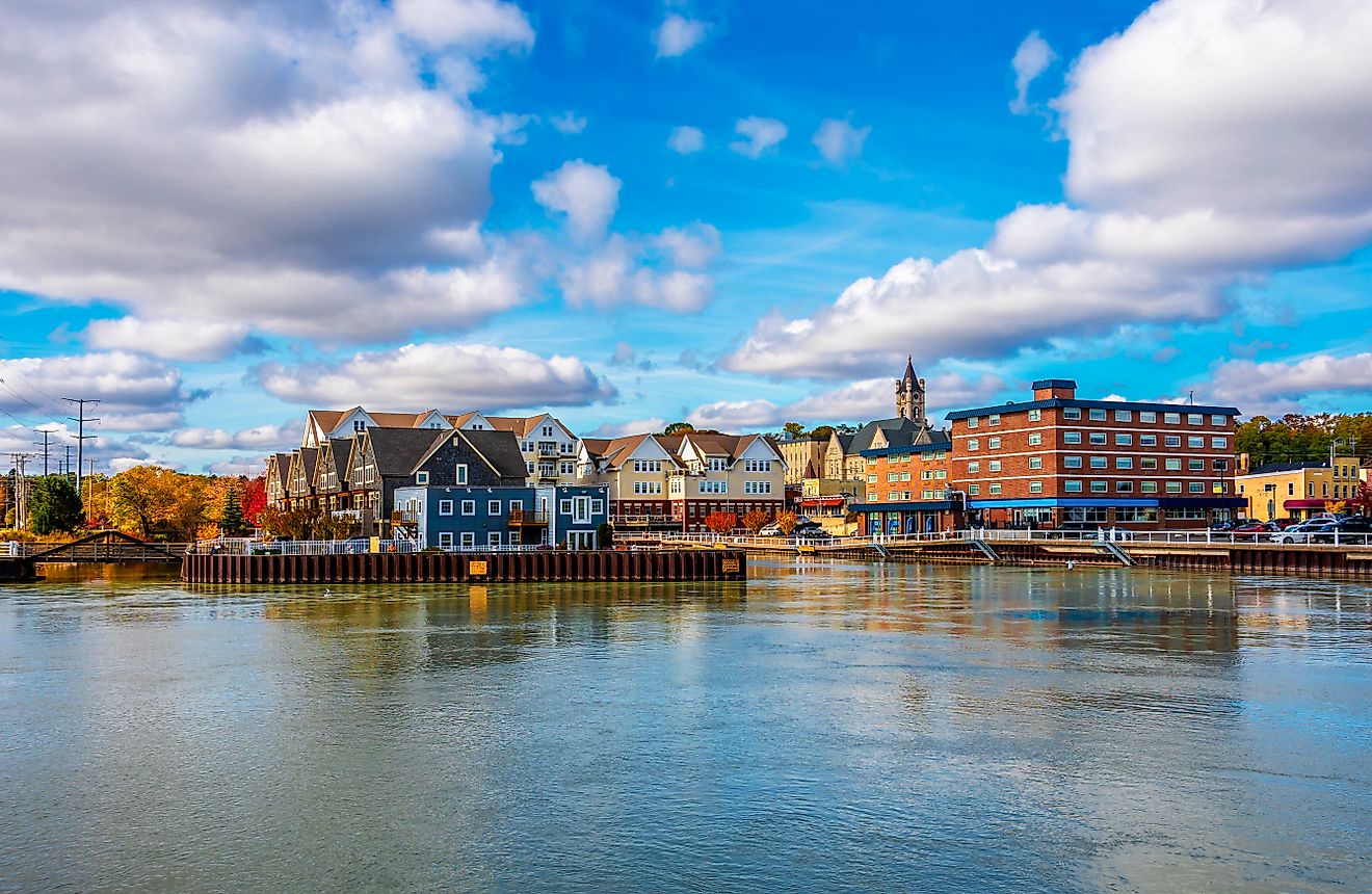 A view of Port Washington, Wisconsin, featuring the town's charming streets, historic buildings, and picturesque waterfront along Lake Michigan.