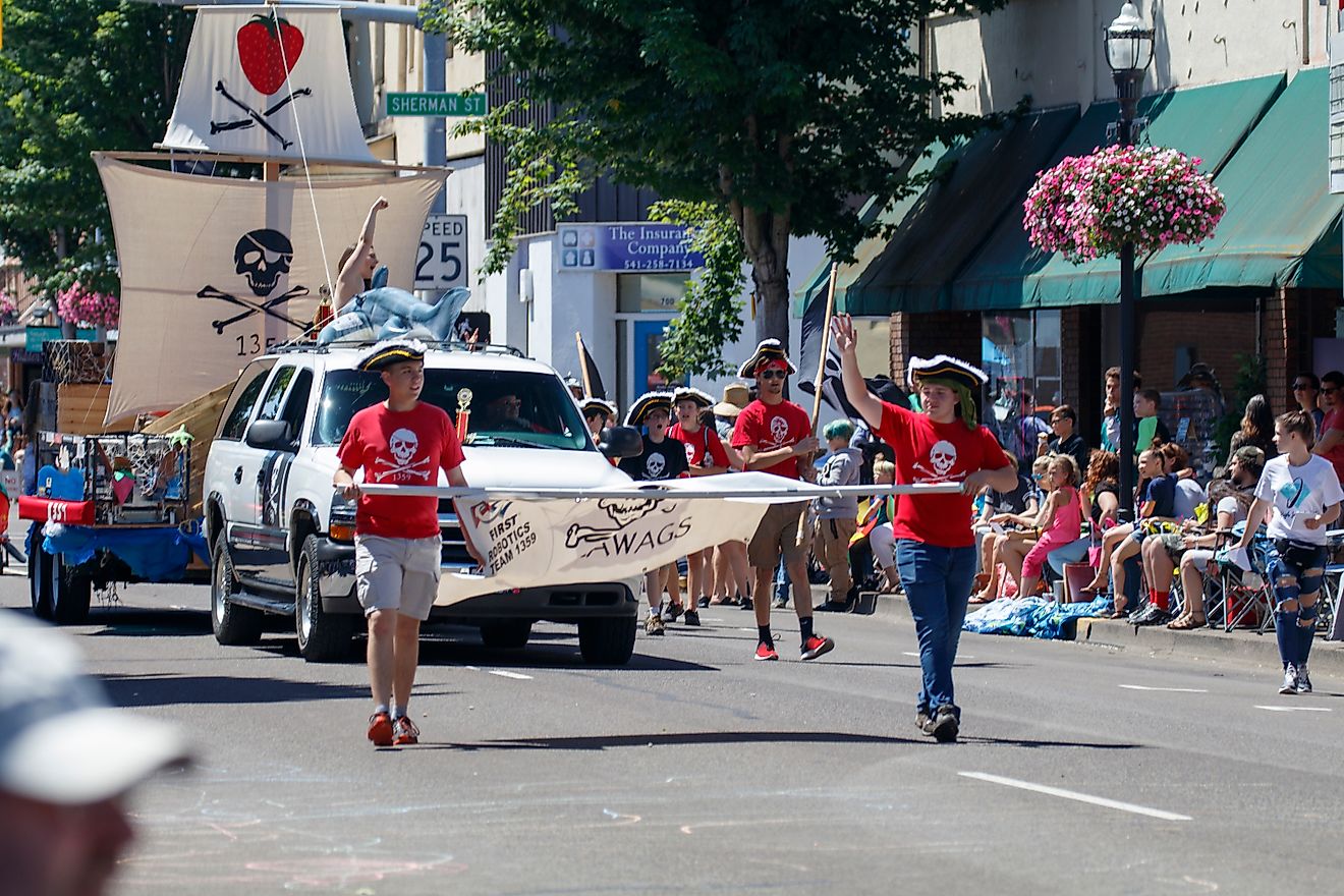 Strawberry Festival Grand Parade moves down Main Street in downtown Lebanon, Oregon. Editorial credit: Catherine Avilez / Shutterstock.com