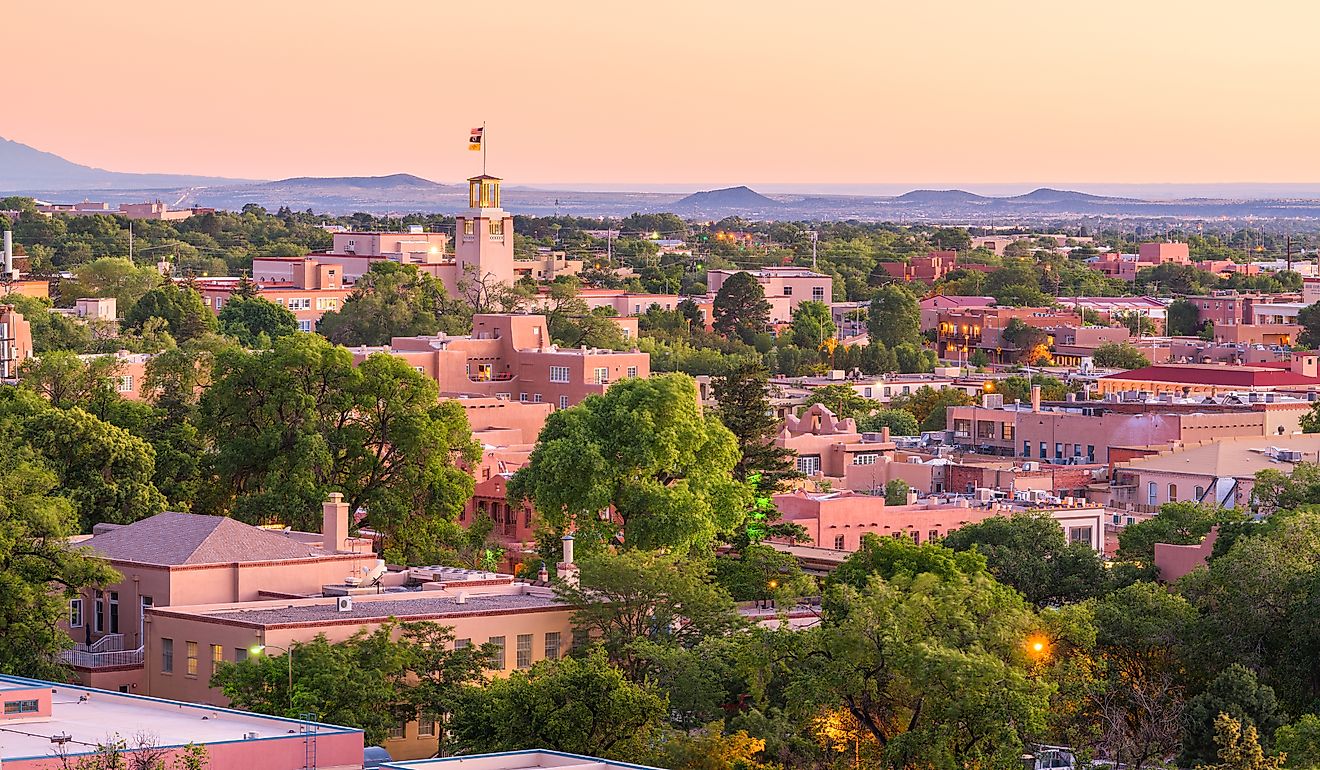 Santa Fe, New Mexico, USA downtown skyline at dusk. 