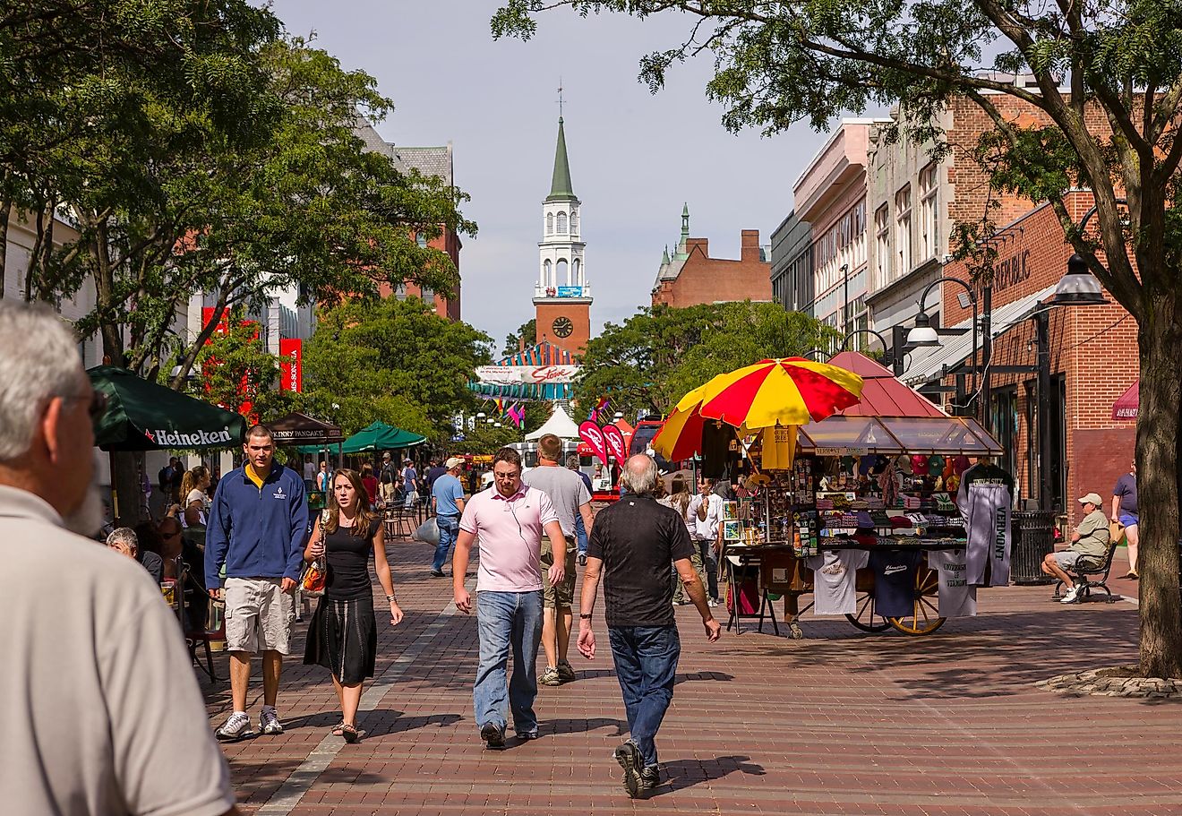 People on Church Street, a pedestrian mall with sidewalk cafes and restaurants in Burlington, Vermont, via Rob Crandall / Shutterstock.com