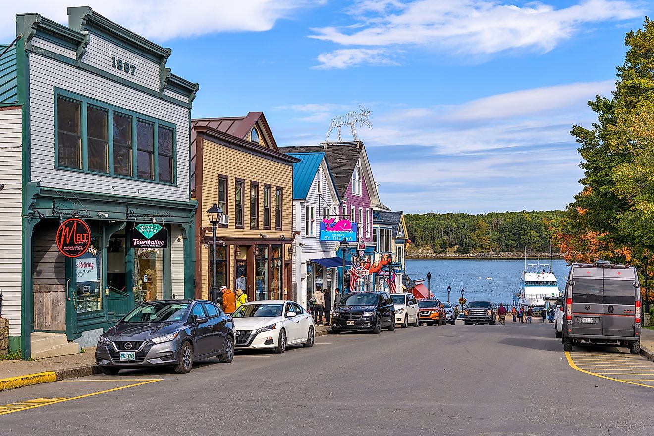 Vibrant buildings lined along Main Street in Bar Harbor, Maine. Editorial credit: Sean Xu / Shutterstock.com