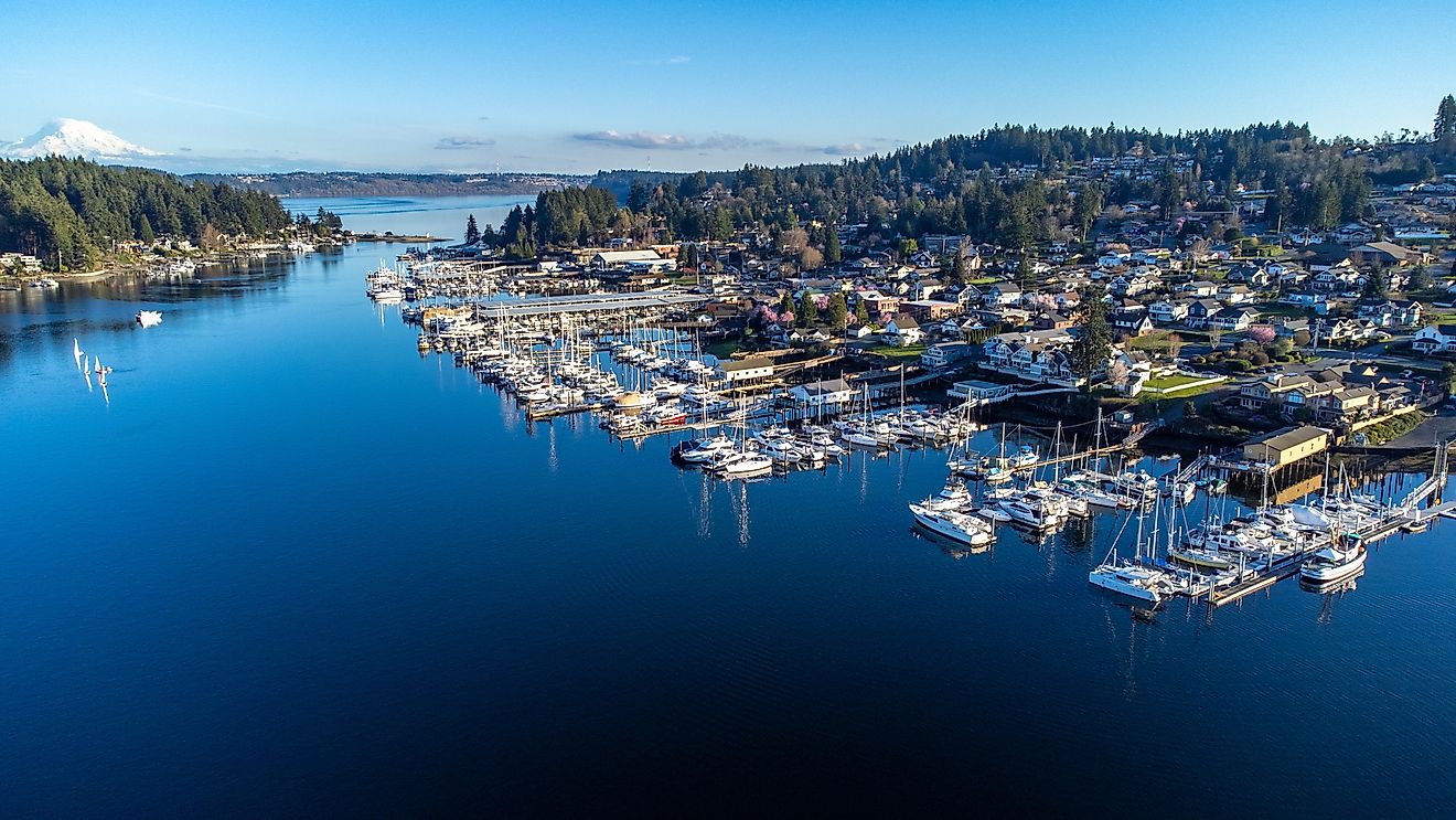 Boats docked along the coast in Gig Harbor, Washington.