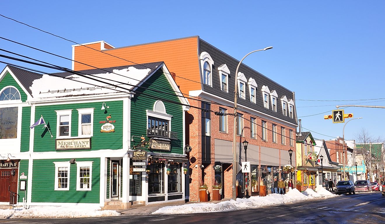  Wolfville, Nova Scotia: Colourful buildings on High Street, via Yulia_Bogomolova / Shutterstock.com