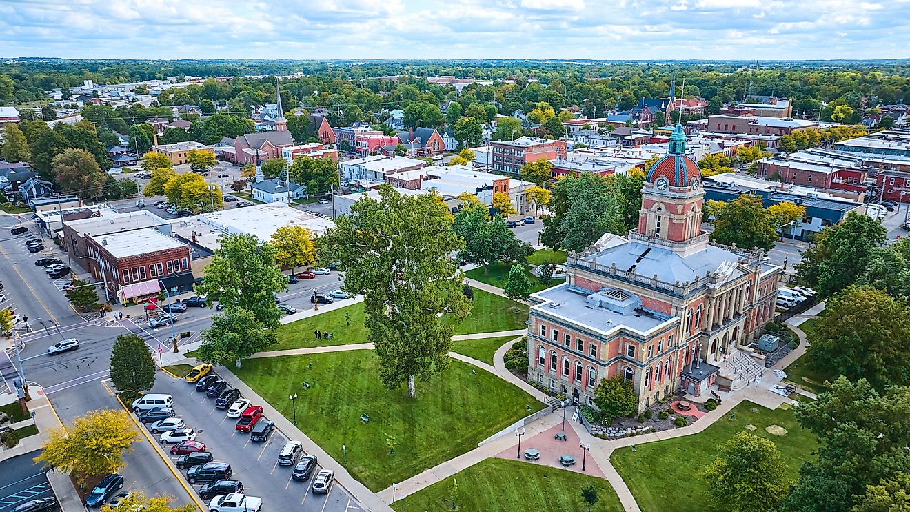 Aerial view of the Elkhart County Courthouse and other buildings in Goshen, Indiana.