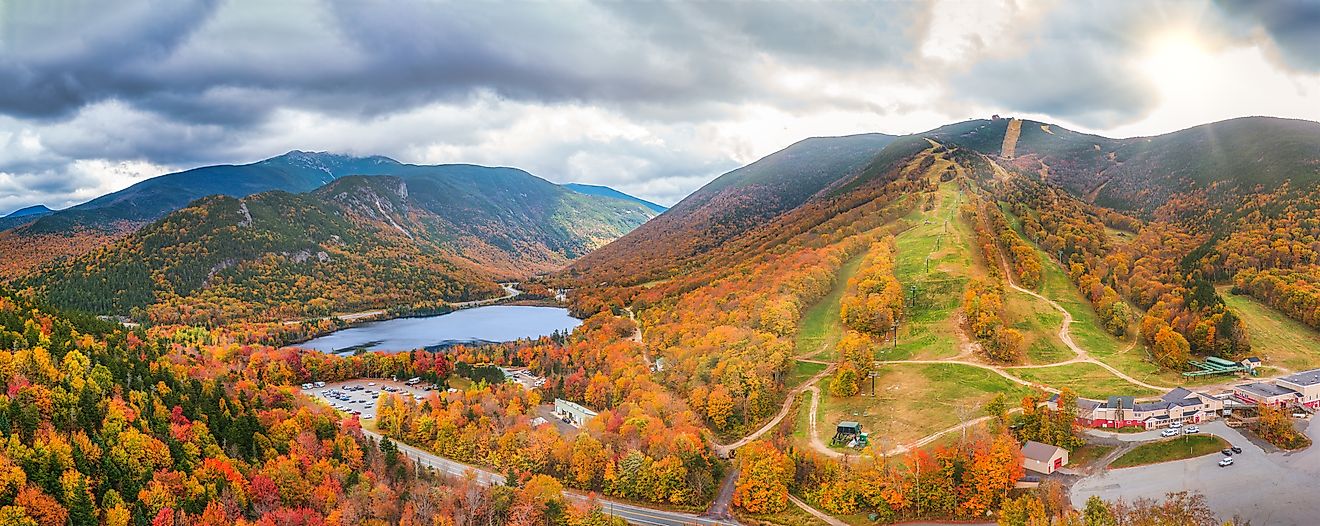 View of fall foliage in Franconia Notch State Park in New Hampshire.