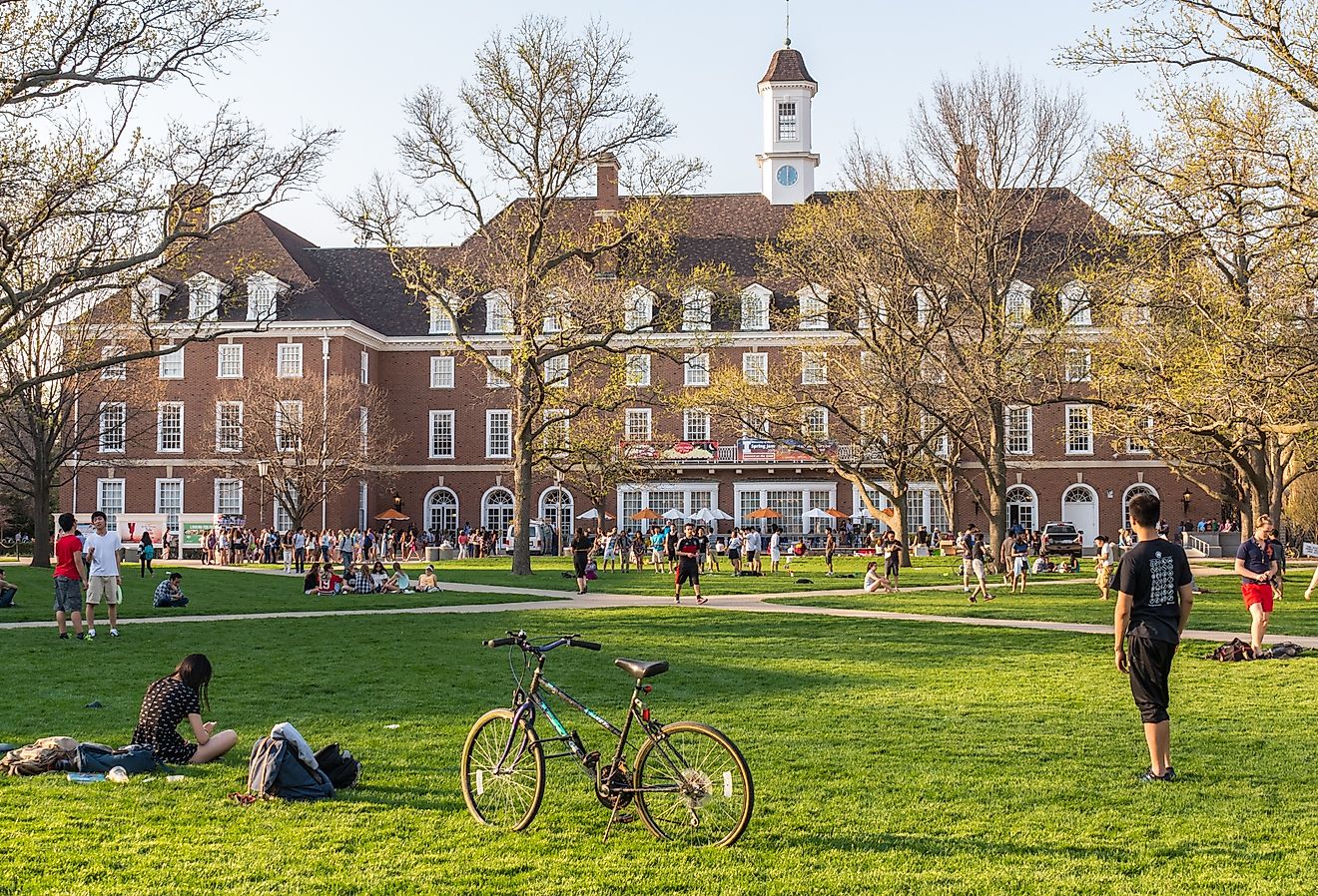 Bicycle on the Quad lawn of University of Illinois college campus in Urbana Champaign. Image credit Leigh Trail via Shutterstock