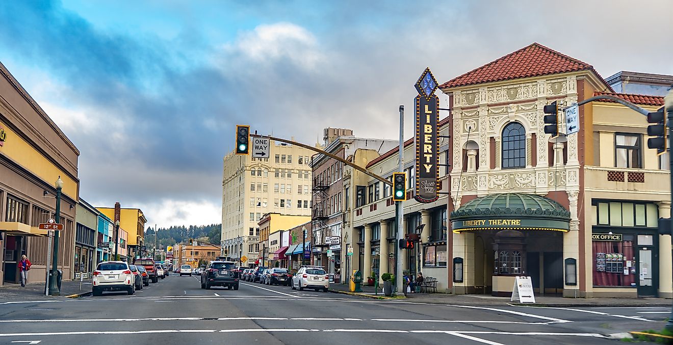 The Liberty Theatre and surrounding buildings in downtown Astoria, Oregon. Editorial credit: Bob Pool / Shutterstock.com