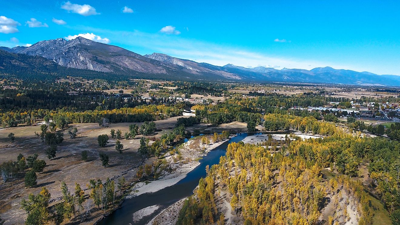 Drone view of the Bitterroot mountain range in Hamilton, Montana.