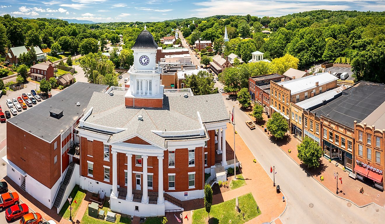 Aerial view of Tennessee's oldest town, Jonesborough and its historic courthouse.