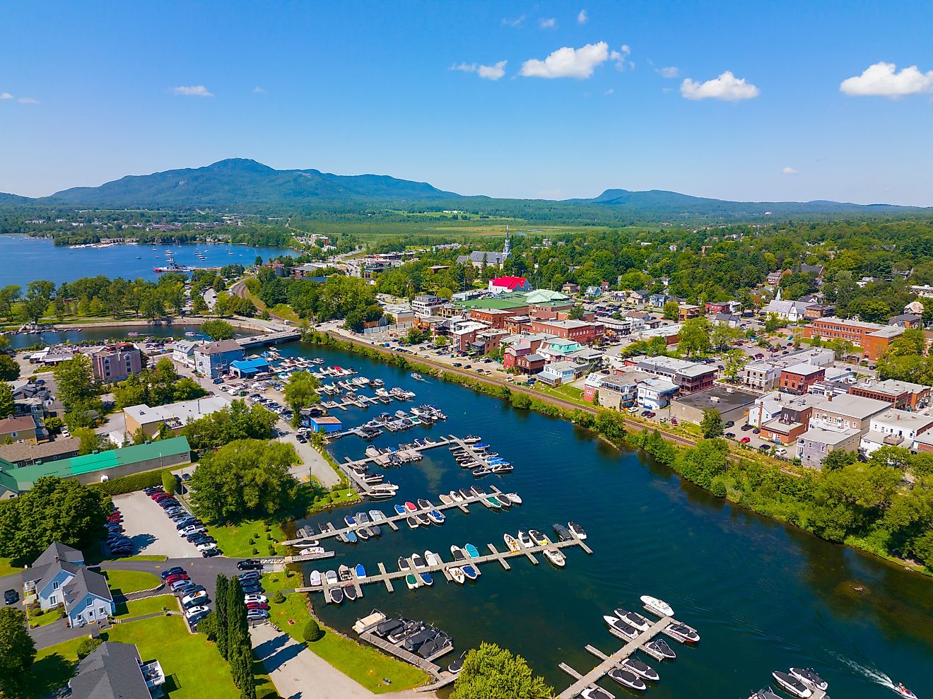 Aerial view Magog, Quebec at the mouth of Magog River to Lake Memphremagog