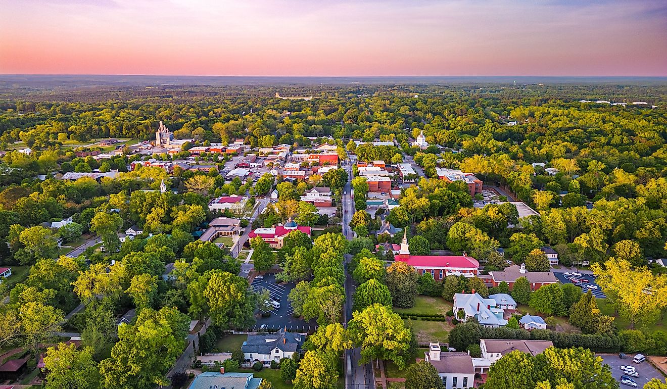 Madison, Georgia, USA overlooking the downtown historic district at dusk.