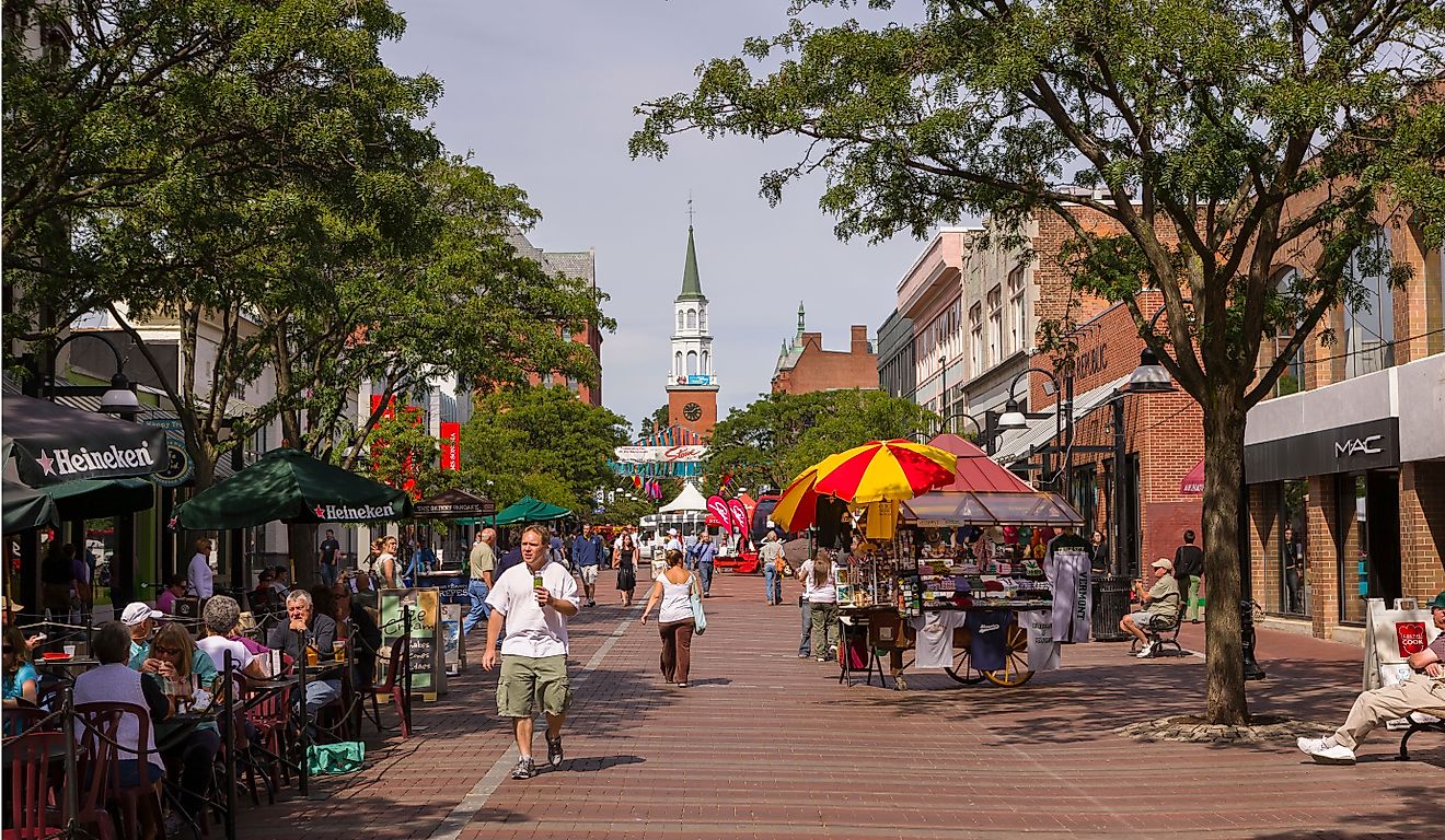 People on Church Street, a pedestrian mall with sidewalk cafes and restaurants in Burlington, Vermont. Editorial credit: Rob Crandall / Shutterstock.com