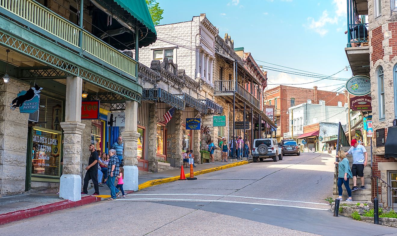 The bustling downtown area of Eureka Springs, Arkansas. Editorial credit: shuttersv / Shutterstock.com.