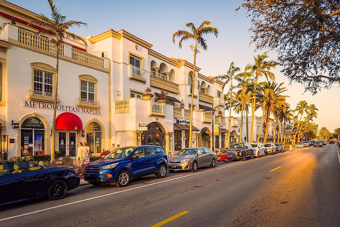 View of 5th Avenue in Naples, Florida during sunset. Editorial credit: Mihai_Andritoiu / Shutterstock.com