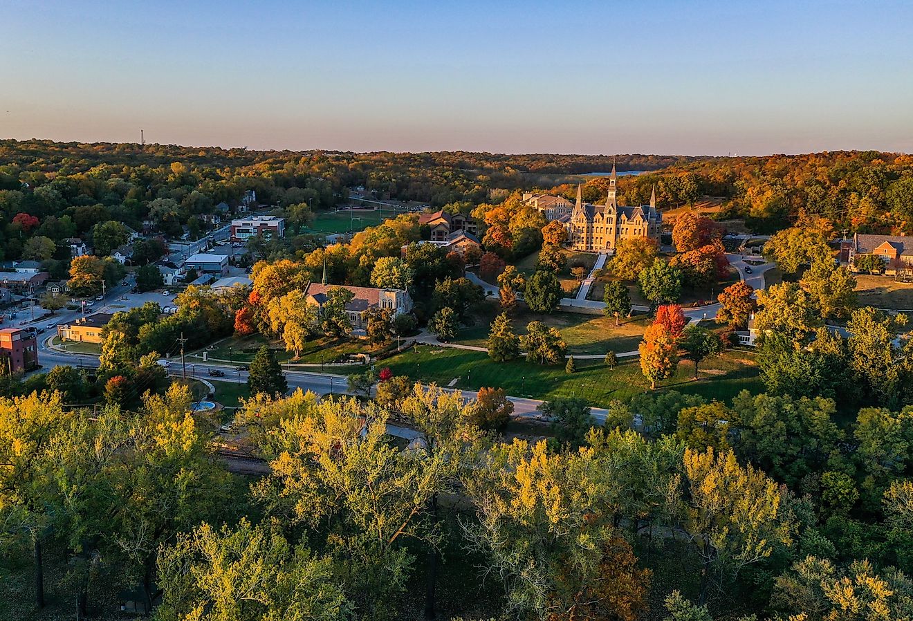 Aerial view of Parkville, MO, featuring Park University and English Landing Park during fall. Image credit Rachael Martin via Shutterstock.