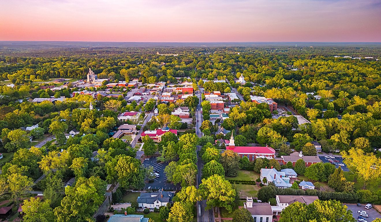 Madison, Georgia, USA overlooking the downtown historic district at dusk.