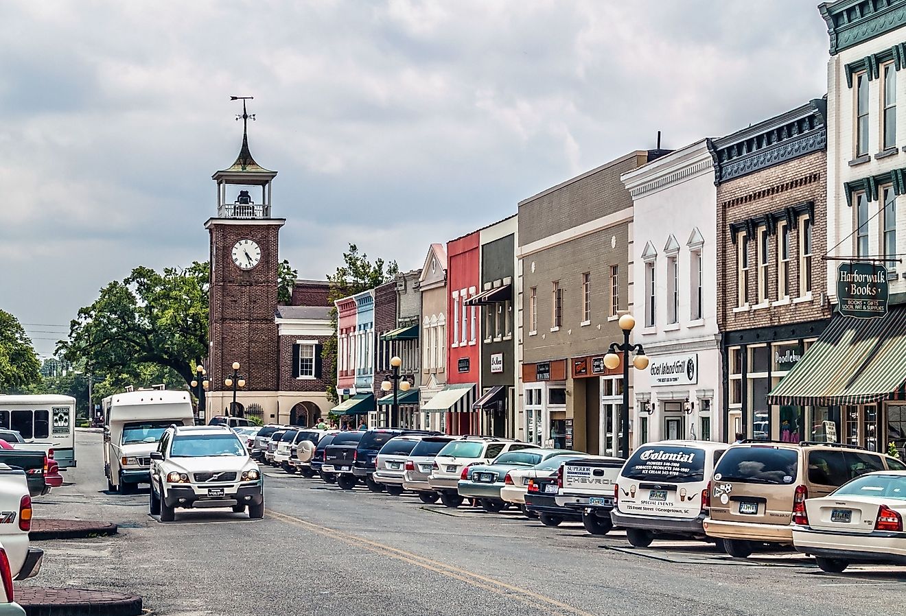 Looking down Front Street with shops and the old clock tower in Georgetown, South Carolina. Image credit Andrew F. Kazmierski via Shutterstock